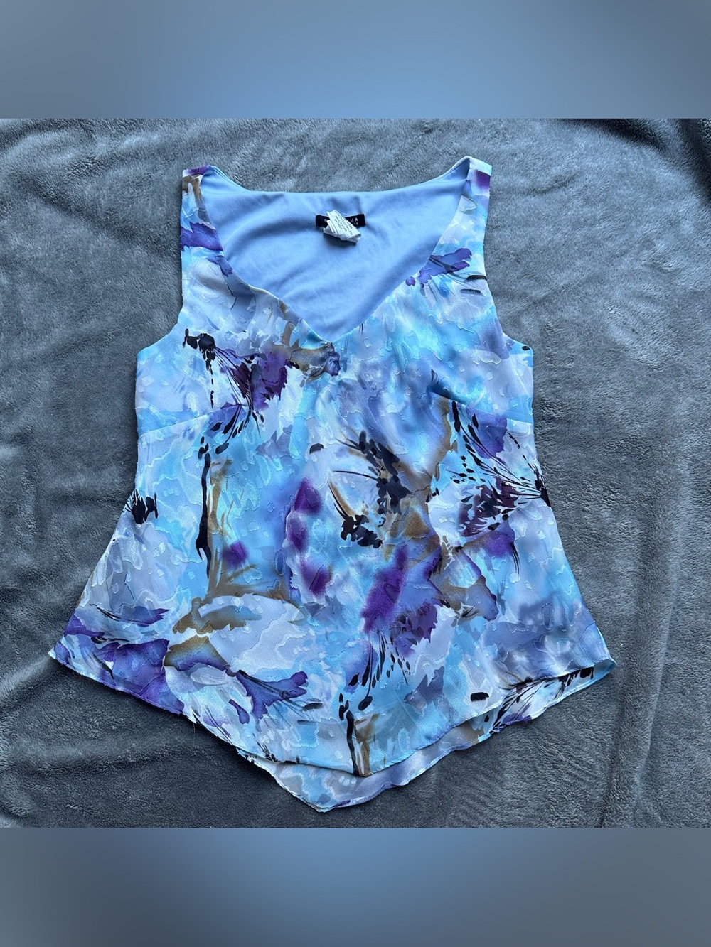 Bellissima Women’s Blue Floral Sheer Overlay Sleeveless Blouse - Women’s Medium